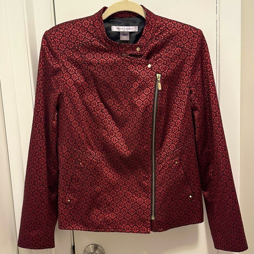 Peter Nygard Womens 8 Jacket Blazer Red & Black Jacquard Full Zip Formal Office
